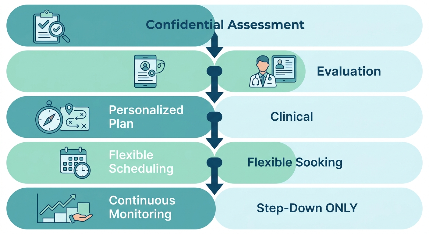 Five-stage outpatient drug rehabilitation process flow diagram