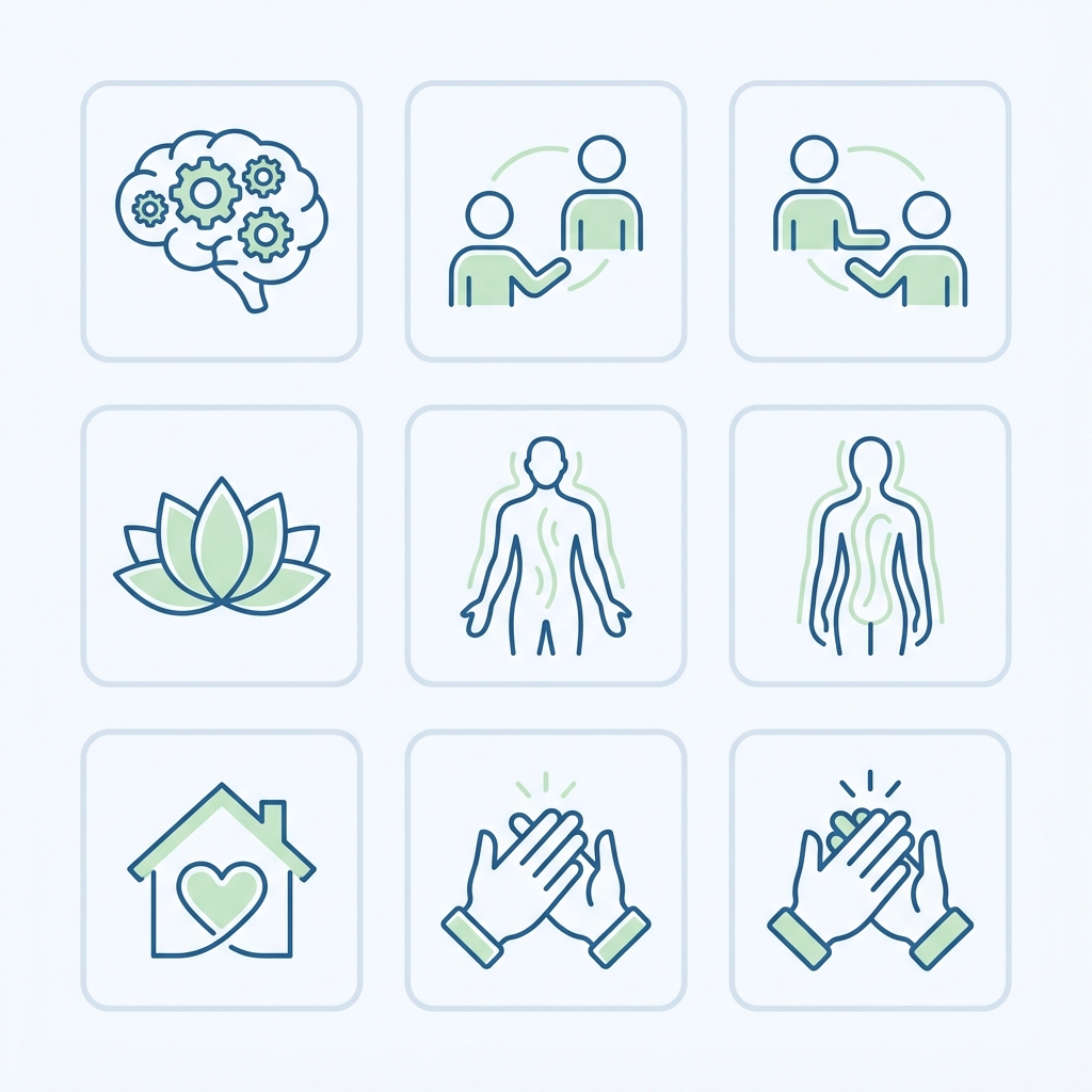 Six icons representing benefits of professional addiction counseling at Rosewood Recovery: evidence-based therapy, individual and group sessions, holistic yoga/meditation, somatic experiencing, supportive environment, and team support.