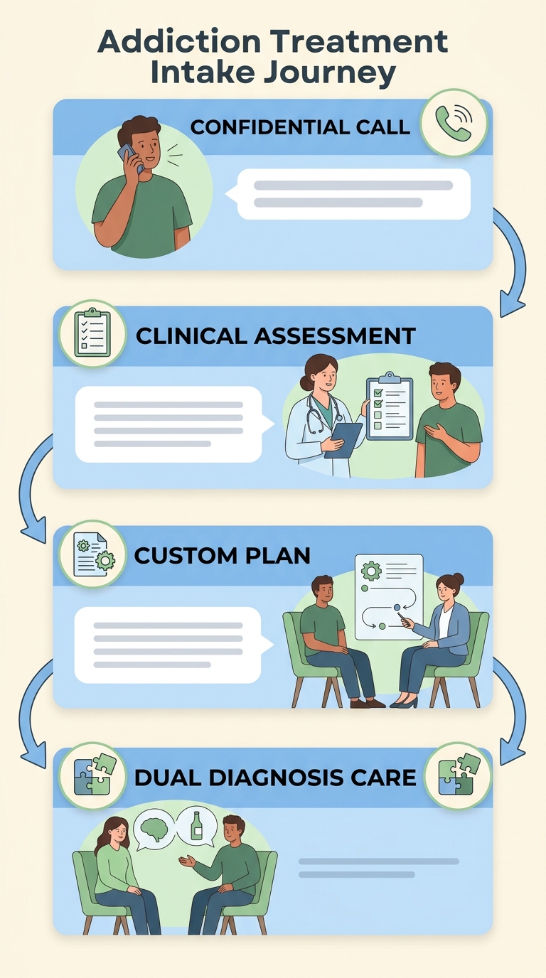 Four-step intake and treatment journey for addiction recovery with phone, clipboard, document, and puzzle piece icons connected by arrows