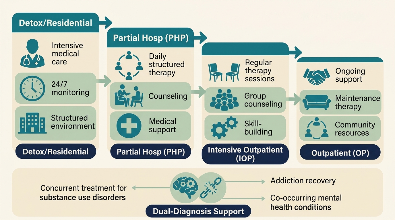 Professional infographic illustrating four levels of drug rehab care with icons and directional arrows.