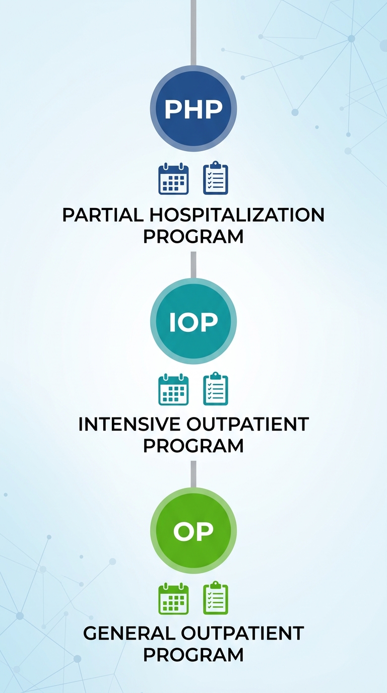 Timeline of addiction treatment continuum of care: PHP, IOP, and OP programs