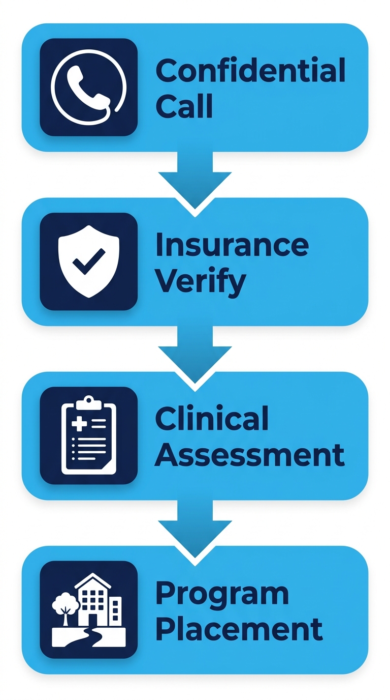 Vertical process-flow showing addiction treatment admissions at Rosewood Recovery, including phone call, insurance verification, clinical assessment, and program placement.