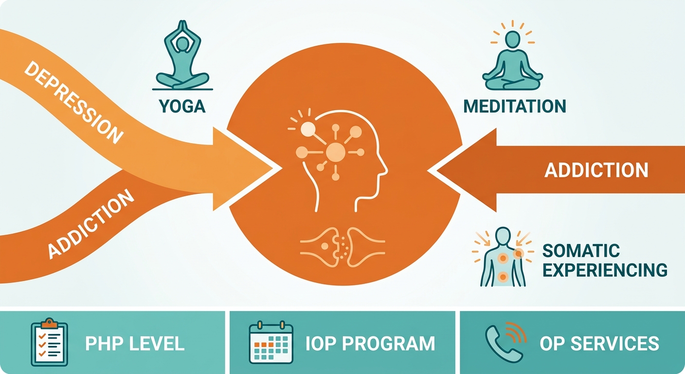 Infographic illustrating the benefits of integrated depression and addiction treatment with arrows merging into a unified circle, surrounded by icons for yoga, meditation, and somatic experiencing, and a bottom row showing three treatment levels: PHP, IOP, and OP.