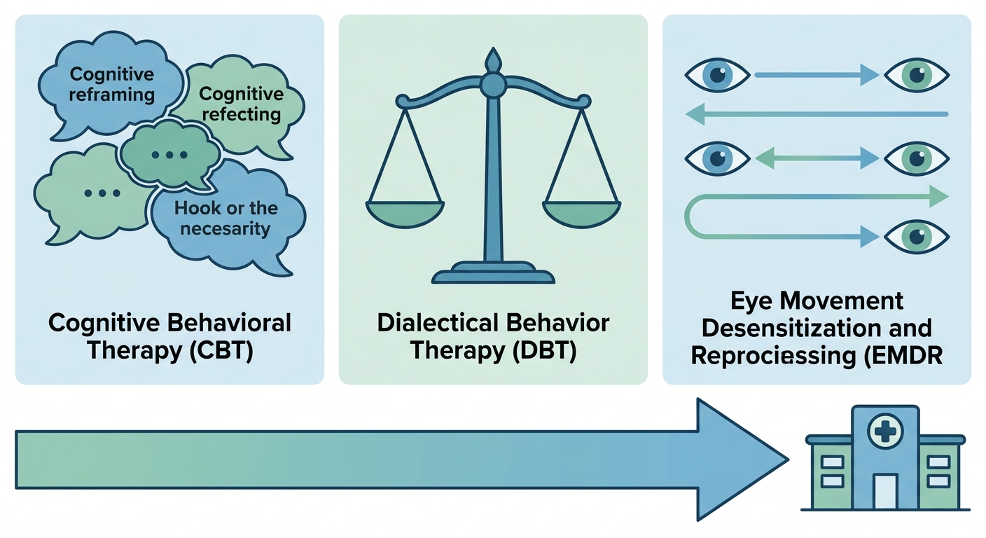 Infographic showing three evidence-based depression therapy approaches: CBT, DBT, and EMDR, converging to Rosewood Recovery logo.