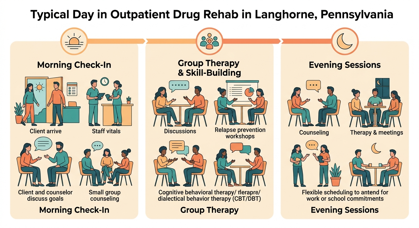 Daily outpatient rehab program flow: morning check-in, group therapy, evening sessions