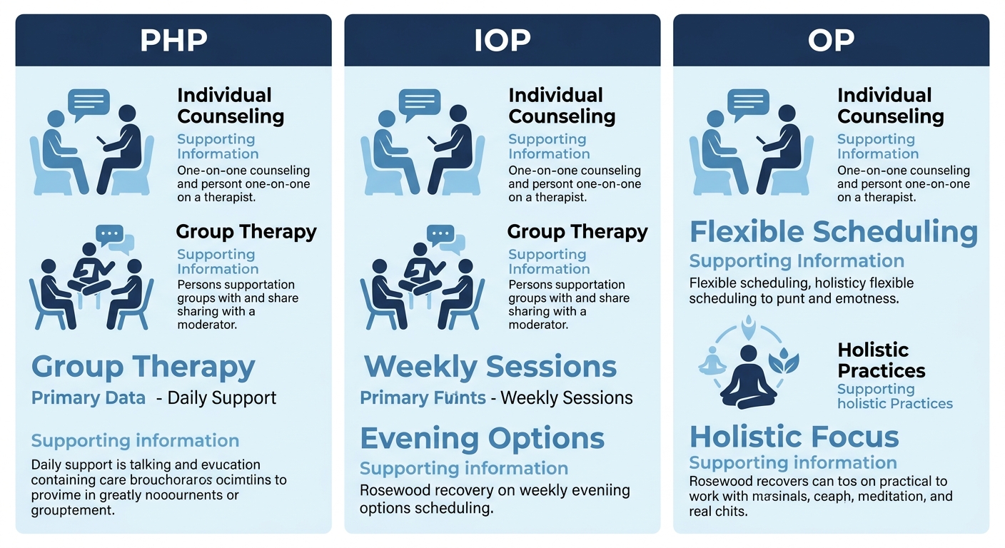 Infographic comparing PHP, IOP, and OP levels of outpatient care at Rosewood Recovery in Langhorne, PA.