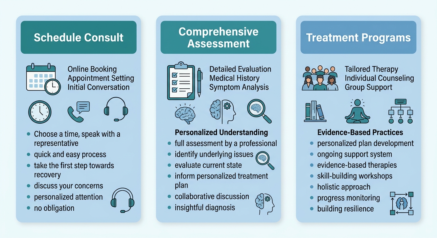 Three-step process flow for depression counseling at Rosewood Recovery Newtown