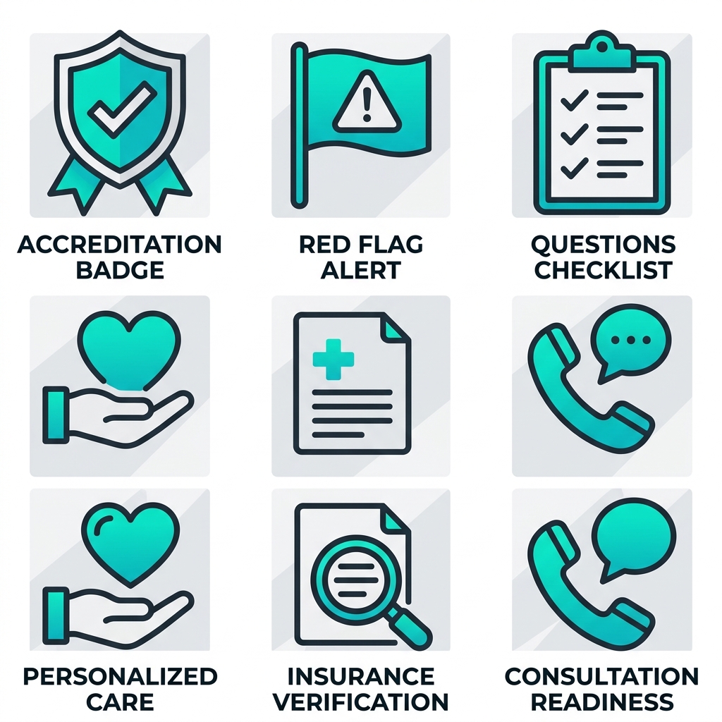 Icons for choosing an addiction counseling clinic: accreditation, red flags, checklist, personalized care, insurance verification, and consultation readiness