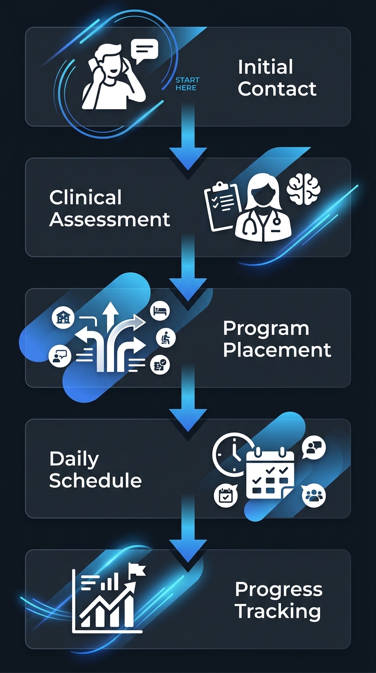 Process diagram of addiction treatment: Initial Contact, Clinical Assessment, Program Placement, Daily Program Schedule, Progress Tracking & Adjustments with downward connecting arrows