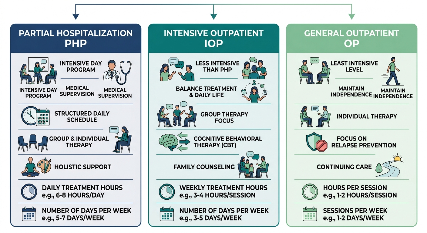 Infographic comparing Partial Hospitalization, Intensive Outpatient, and General Outpatient programs for addiction treatment in Langhorne, Pennsylvania
