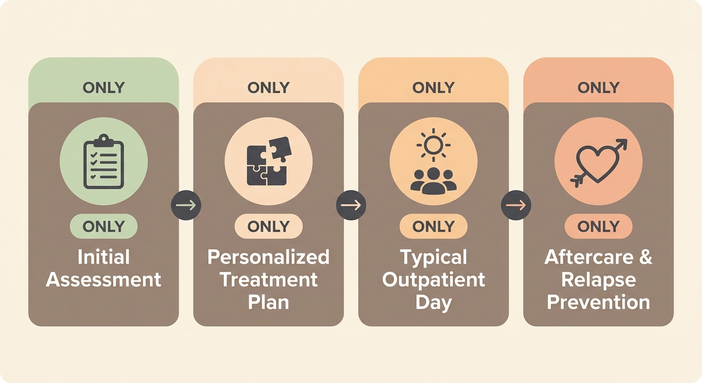 Horizontal process flow of the Rosewood Recovery intake and treatment journey with four stages: Initial Assessment, Personalized Treatment Plan, Typical Outpatient Day, and Aftercare and Relapse Prevention, using warm colors and welcoming design