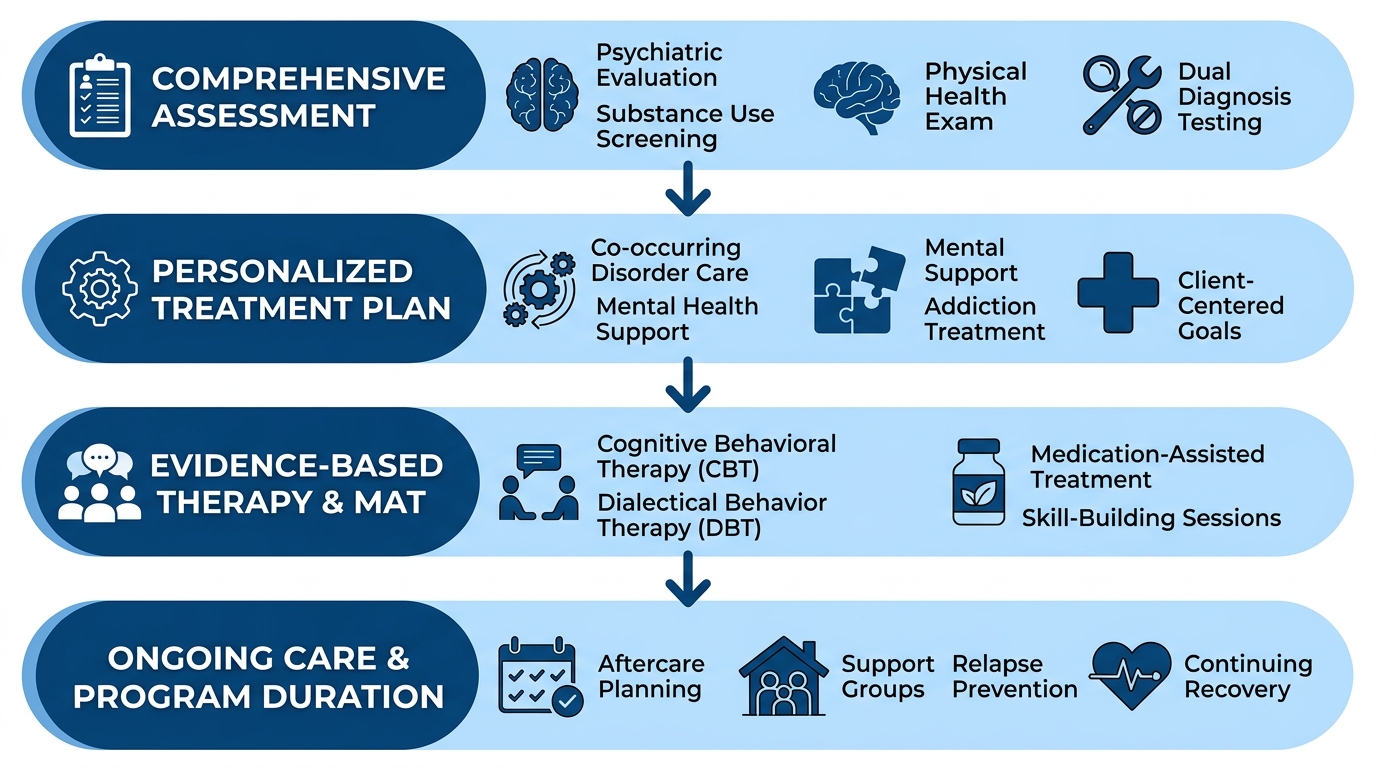 Vertical process flow showing four connected stages of dual diagnosis treatment at Rosewood Recovery