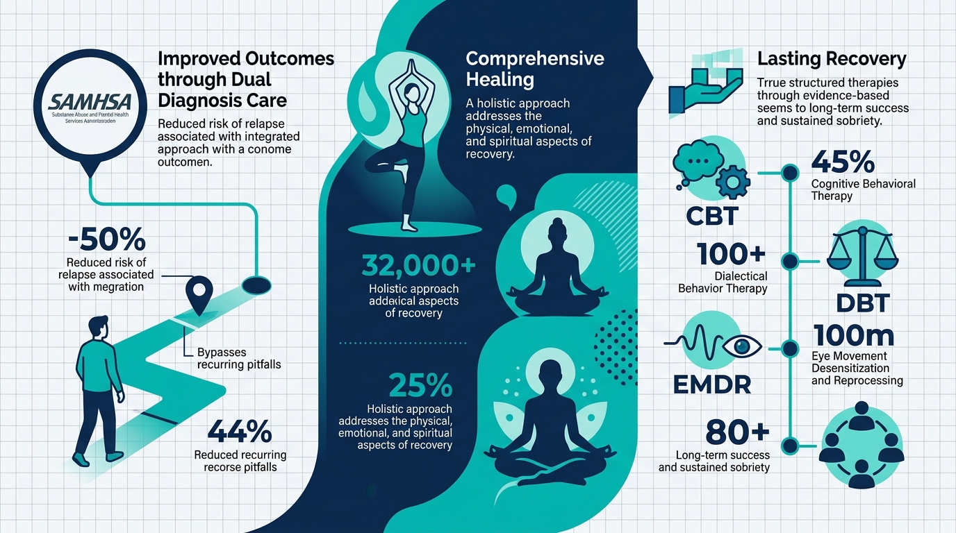 Three-column infographic comparing integrated addiction treatment benefits with blue and teal design showing dual diagnosis care, holistic healing, and evidence-based modalities