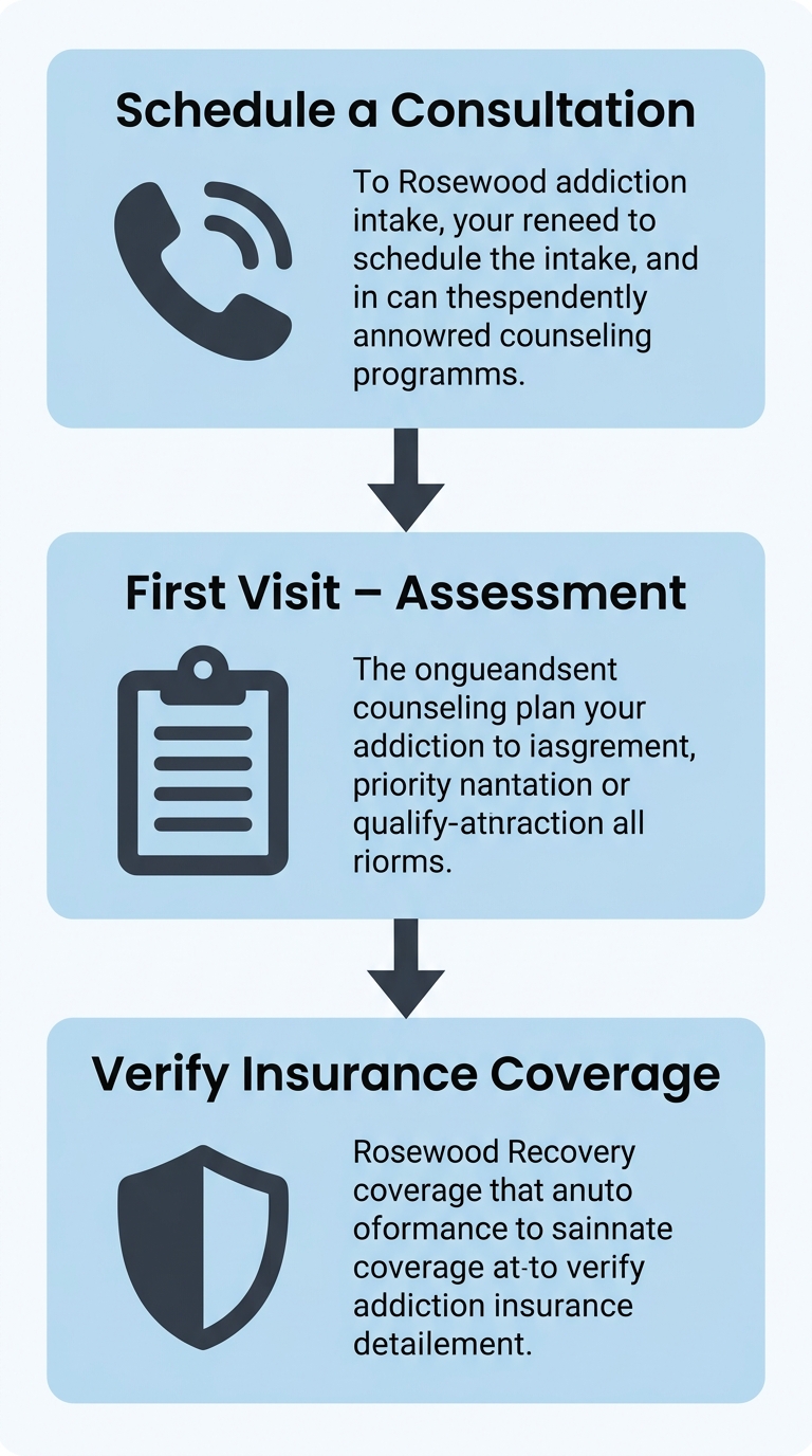 Three-step process to begin addiction counseling at Rosewood Recovery with phone, clipboard, and shield icons connected by arrows
