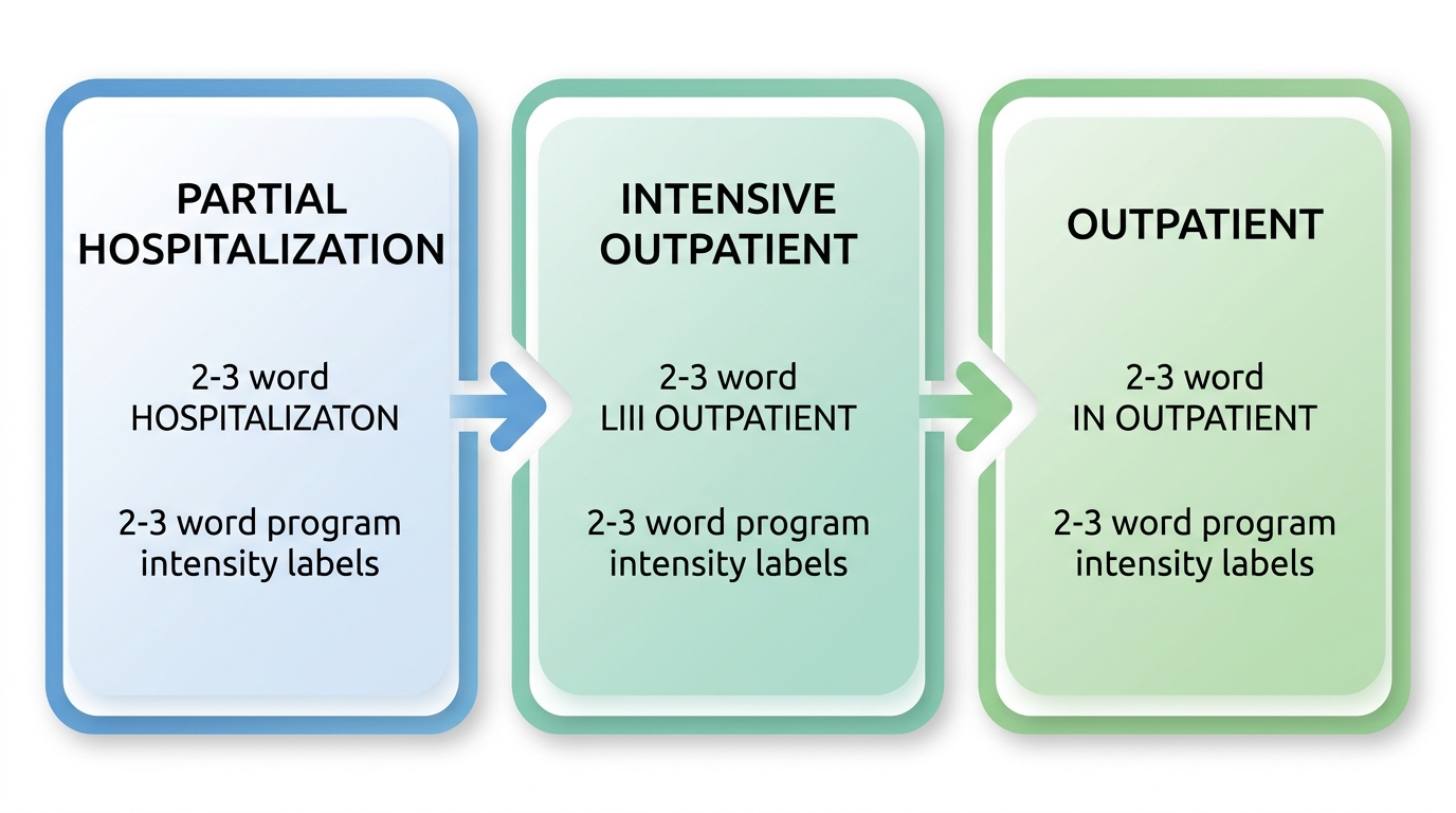 Process flow diagram showing three levels of addiction care: Partial Hospitalization, Intensive Outpatient, and Outpatient programs connected by arrows