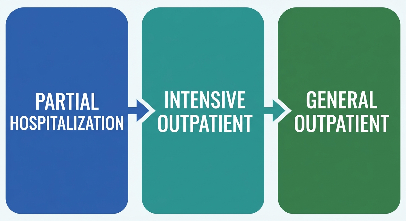 Visualization of the continuum of care at Rosewood Recovery's Langhorne facility: Partial Hospitalization Program (PHP), Intensive Outpatient Program (IOP), and General Outpatient Program (OP).
