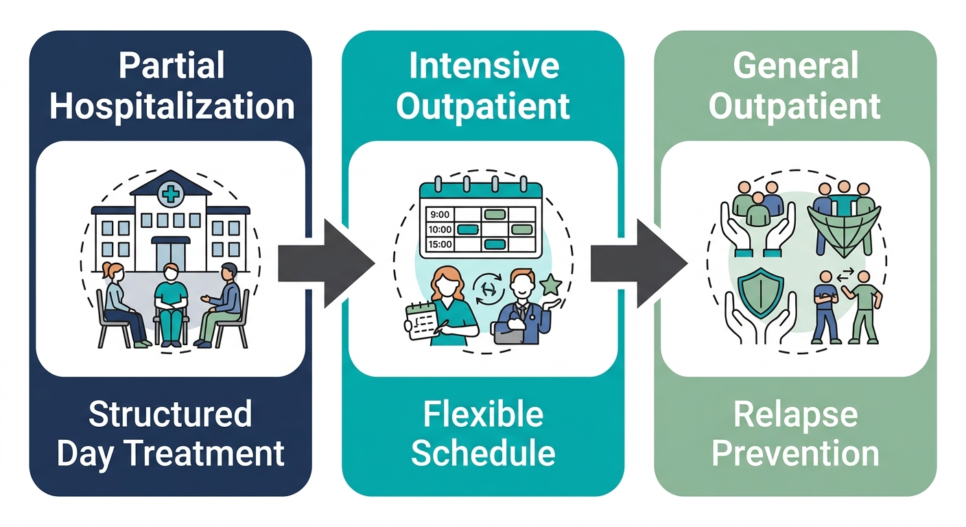 Three stages of addiction treatment levels of care: Partial Hospitalization, Intensive Outpatient, and General Outpatient