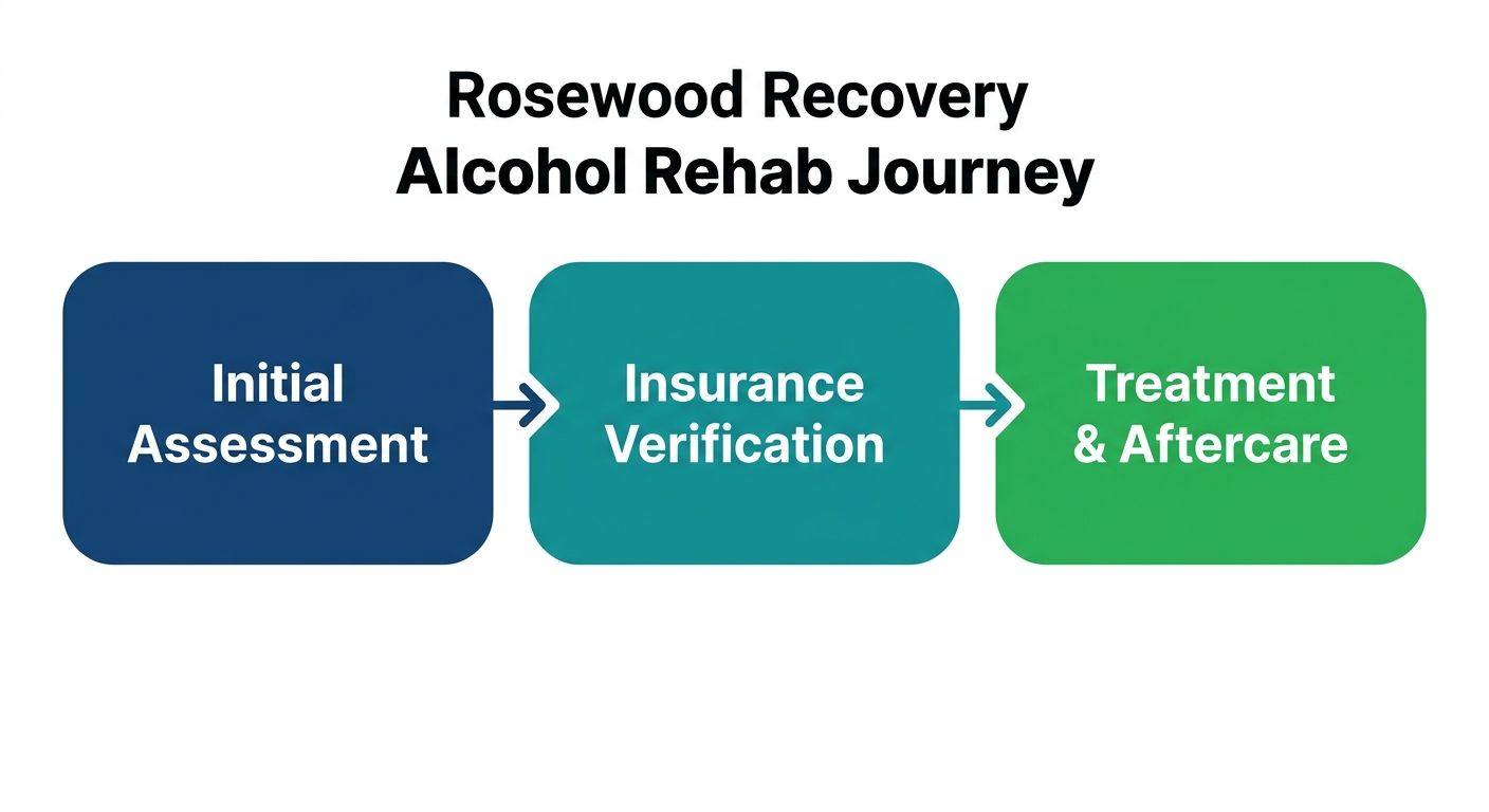 Alcohol rehab process flow at Rosewood Recovery showing three steps: Initial Assessment, Insurance Verification, and Treatment & Aftercare with arrows connecting them.
