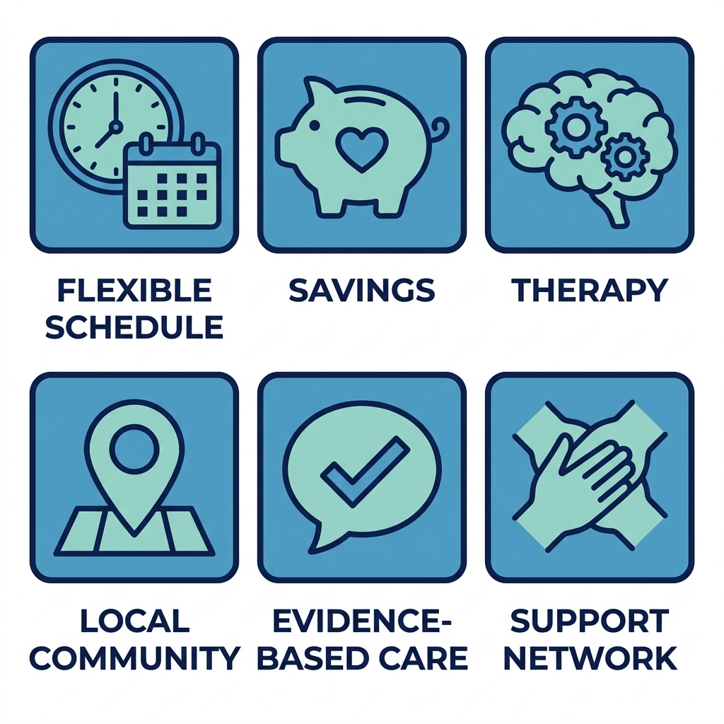 Icon set showing benefits of outpatient drug rehab in Newtown, Pennsylvania including flexible schedule, savings, therapy, community, evidence-based care, and support network