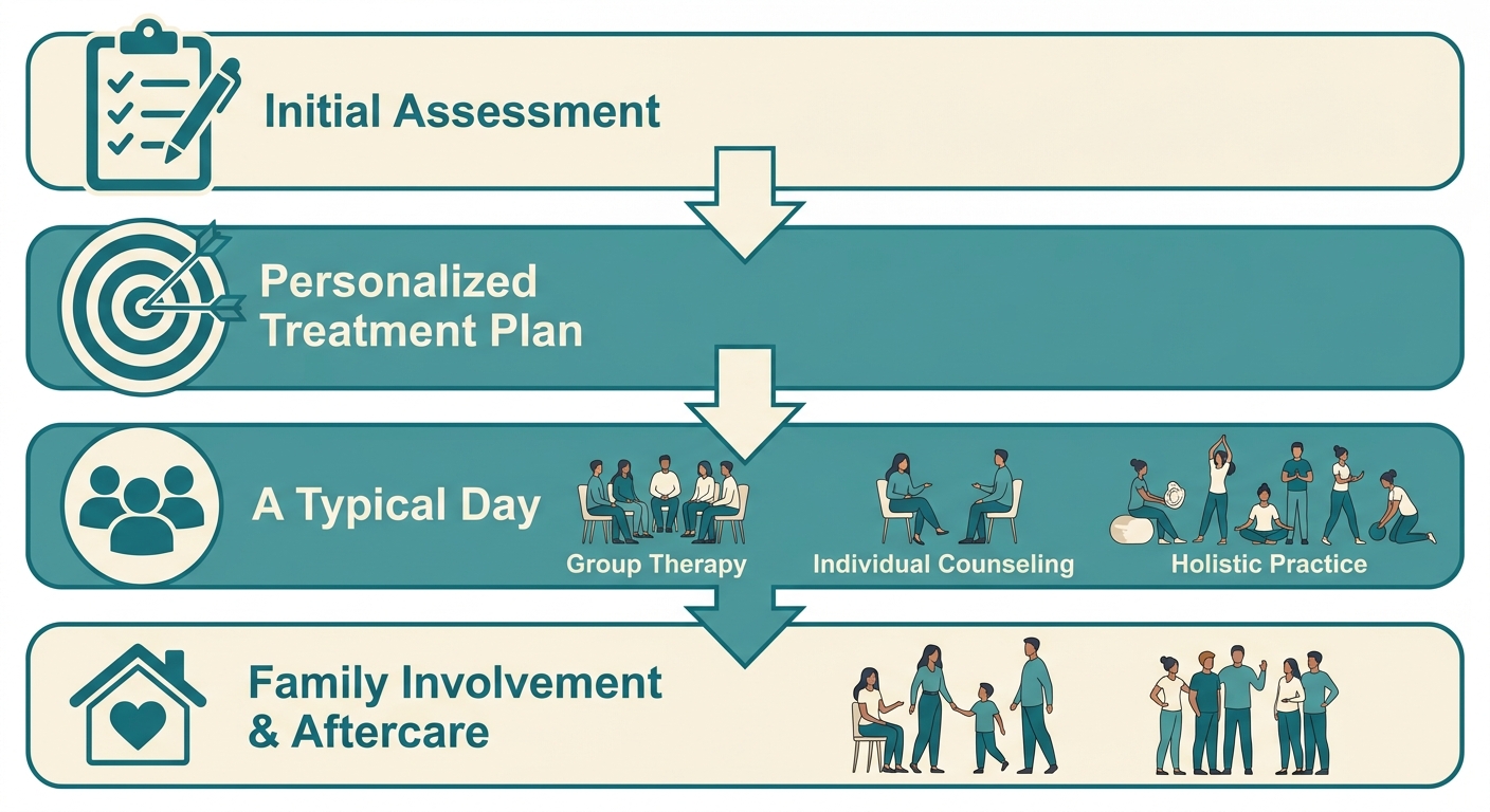 Flowchart of the outpatient rehab program at Rosewood Recovery, starting from initial assessment to aftercare, with four connected steps in calming teal and cream colors.