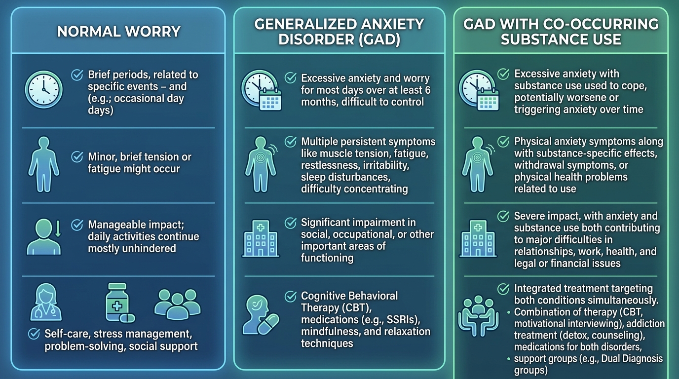 Three columns visually comparing Normal Worry, Generalized Anxiety Disorder, and GAD with Co-Occurring Substance Use using icons and labels