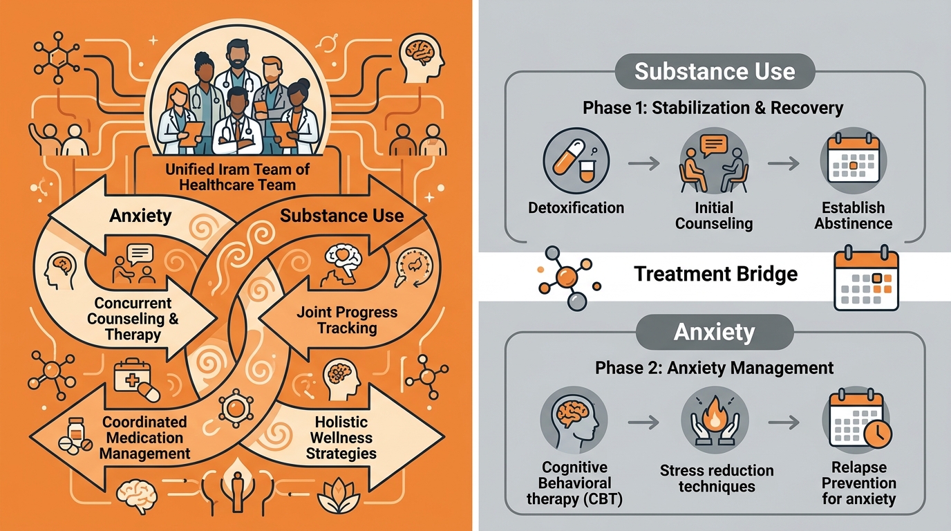 Infographic comparing Integrated Treatment versus Sequential Treatment for co-occurring anxiety and substance use disorder
