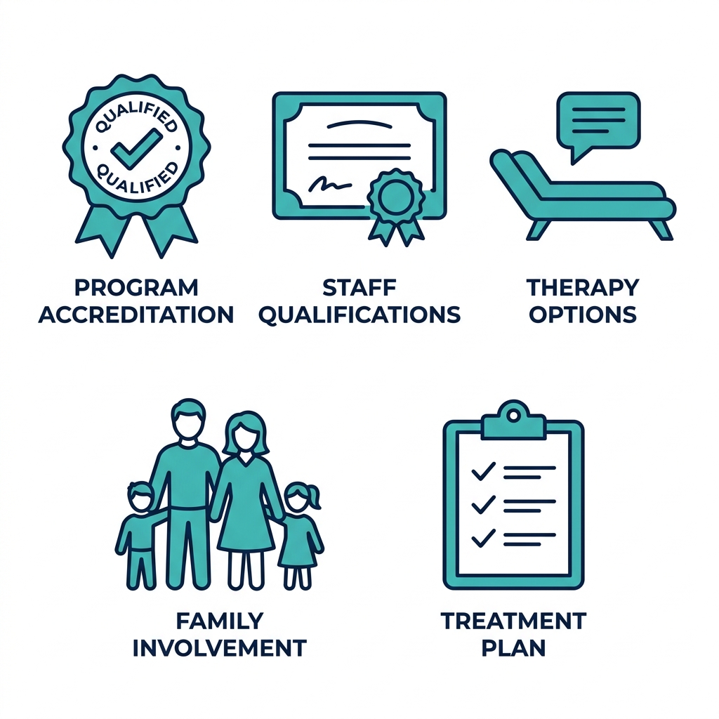 Set of five icons representing questions to ask treatment providers: accreditation badge, diploma, therapy couch, family group, and clipboard with checklist, in teal and navy on white background.
