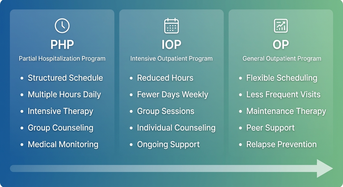 Comparison of three opioid addiction treatment levels: PHP, IOP, and General OP