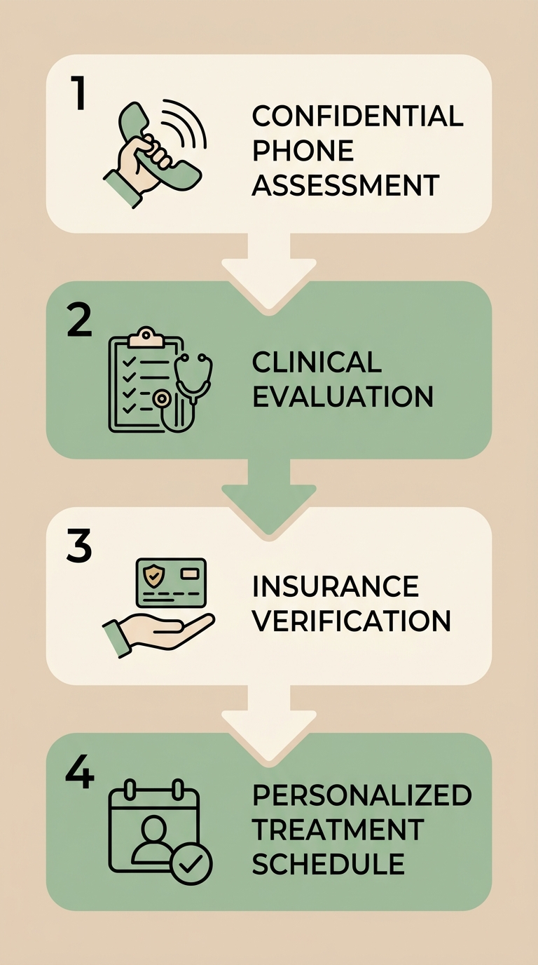 Vertical process flow showing four steps to begin treatment at Rosewood Recovery: Confidential Phone Assessment, Clinical Evaluation, Insurance Verification, and Personalized Treatment Schedule.