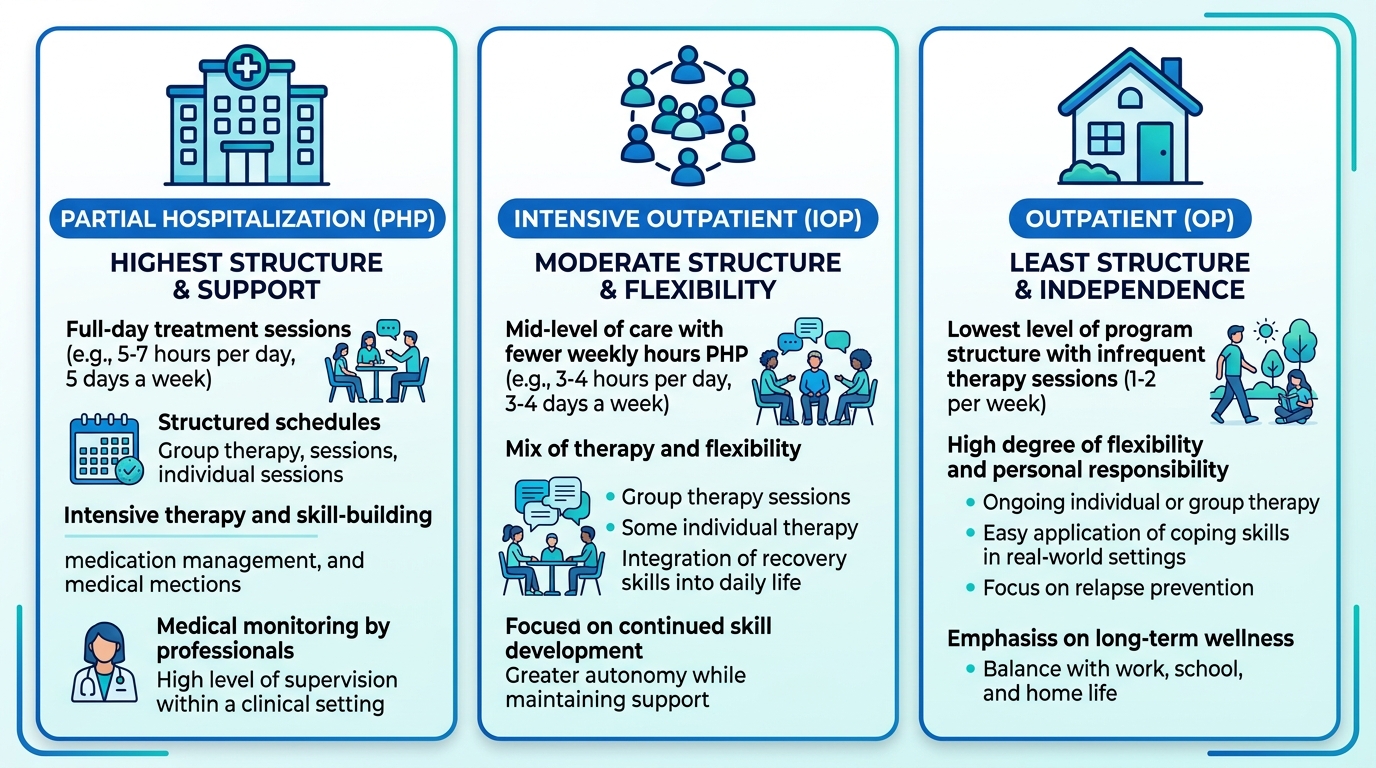 Modern infographic comparing three levels of anxiety treatment: Partial Hospitalization, Intensive Outpatient, and Outpatient with corresponding icons and descriptions