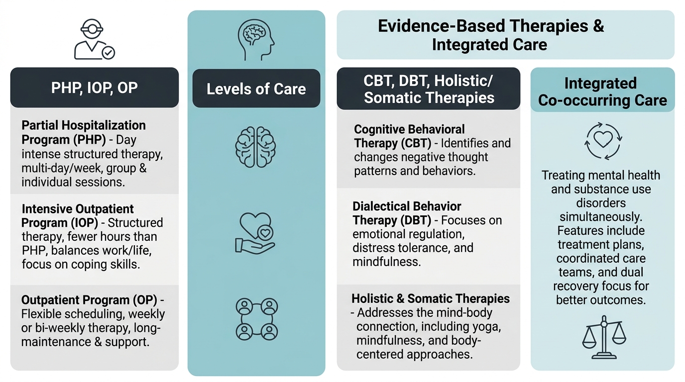 Three-column infographic comparing depression treatment levels and therapies in Levittown