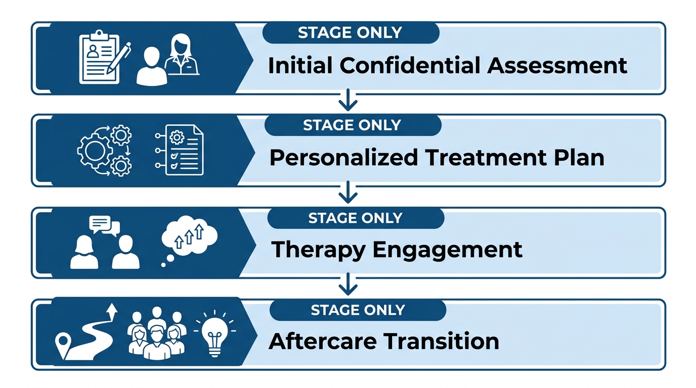 Vertical process-flow diagram of depression treatment at Rosewood Recovery in Levittown, showing four connected stages from assessment to aftercare.