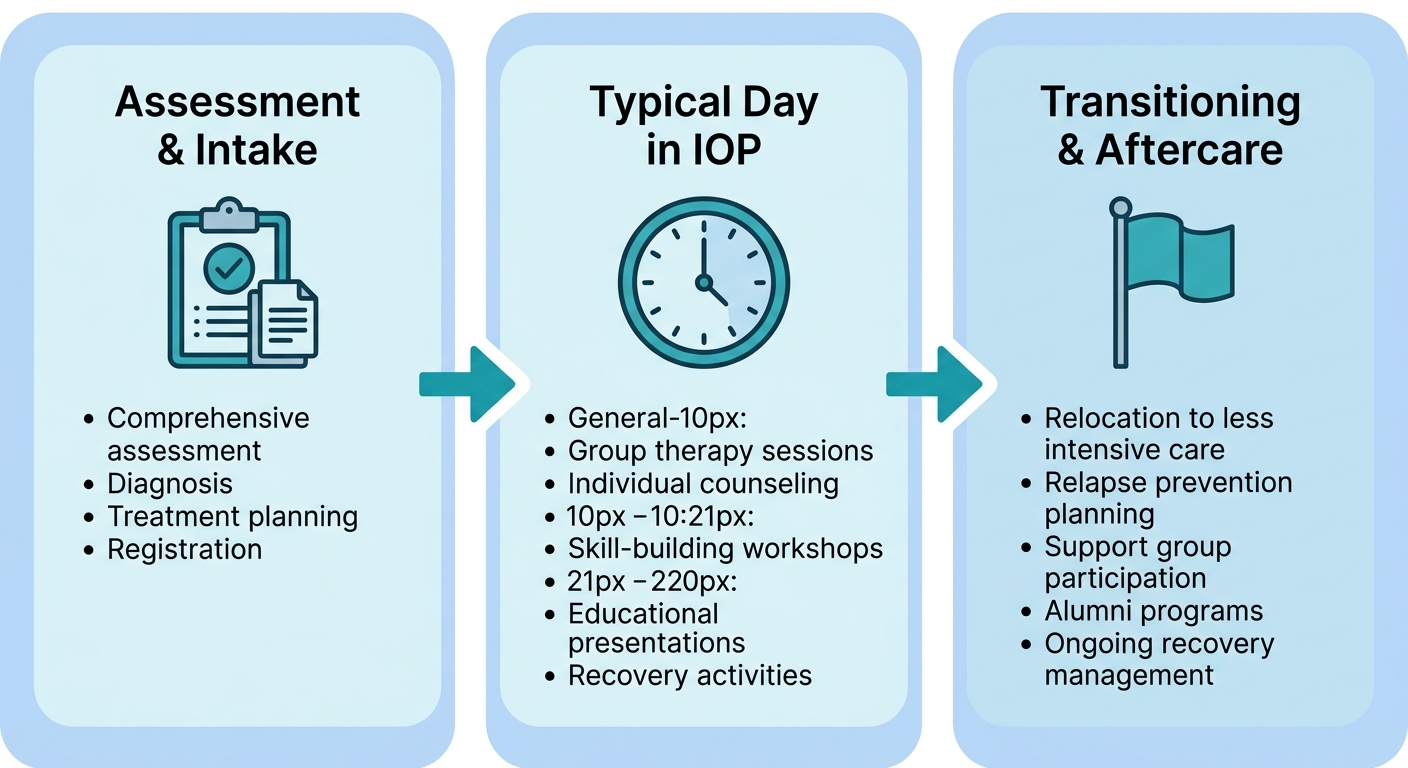 Horizontal process flow diagram of an outpatient alcohol program showing three stages: Assessment and Intake, Typical Day in IOP, and Transitioning and Aftercare, connected by arrows with icons.