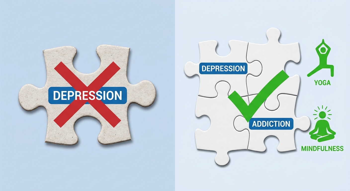 Comparison infographic showing integrated vs non-integrated depression care approaches with puzzle piece metaphor