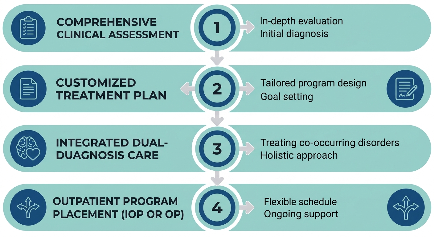 Personalized treatment journey at Rosewood Recovery: comprehensive clinical assessment, customized treatment plan, integrated dual-diagnosis care, and outpatient program placement with branching arrows.
