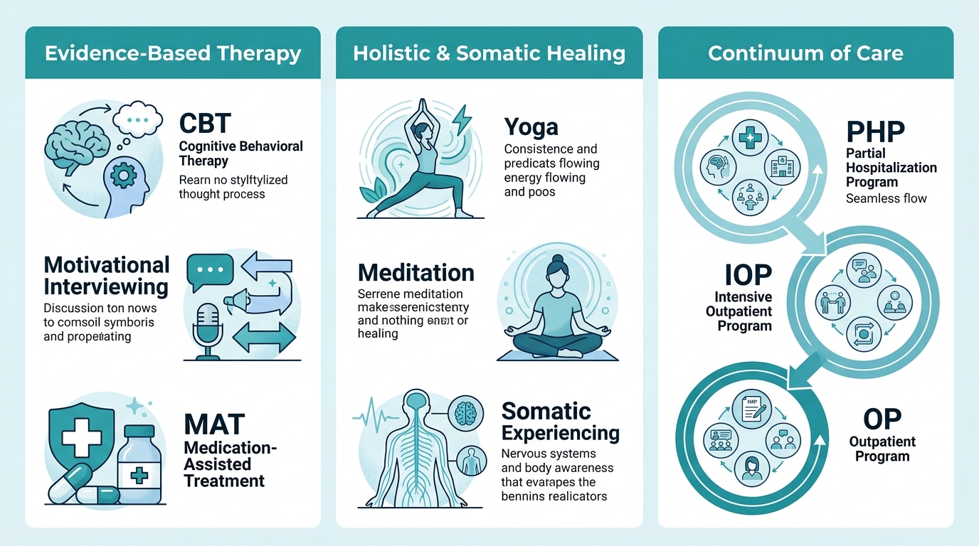 Three-column infographic showcasing evidence-based therapy, holistic healing, and continuum of care benefits