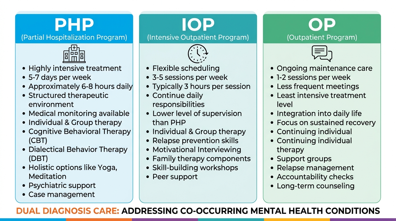 Infographic comparing Partial Hospitalization, Intensive Outpatient, and General Outpatient treatment programs at Rosewood Recovery.