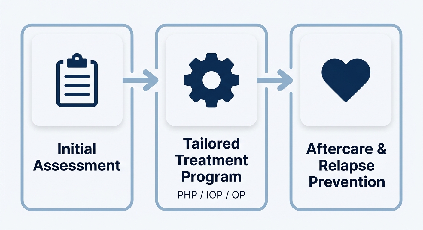 Three-stage addiction treatment process flow: Initial Assessment, Tailored Treatment Program, and Aftercare & Relapse Prevention