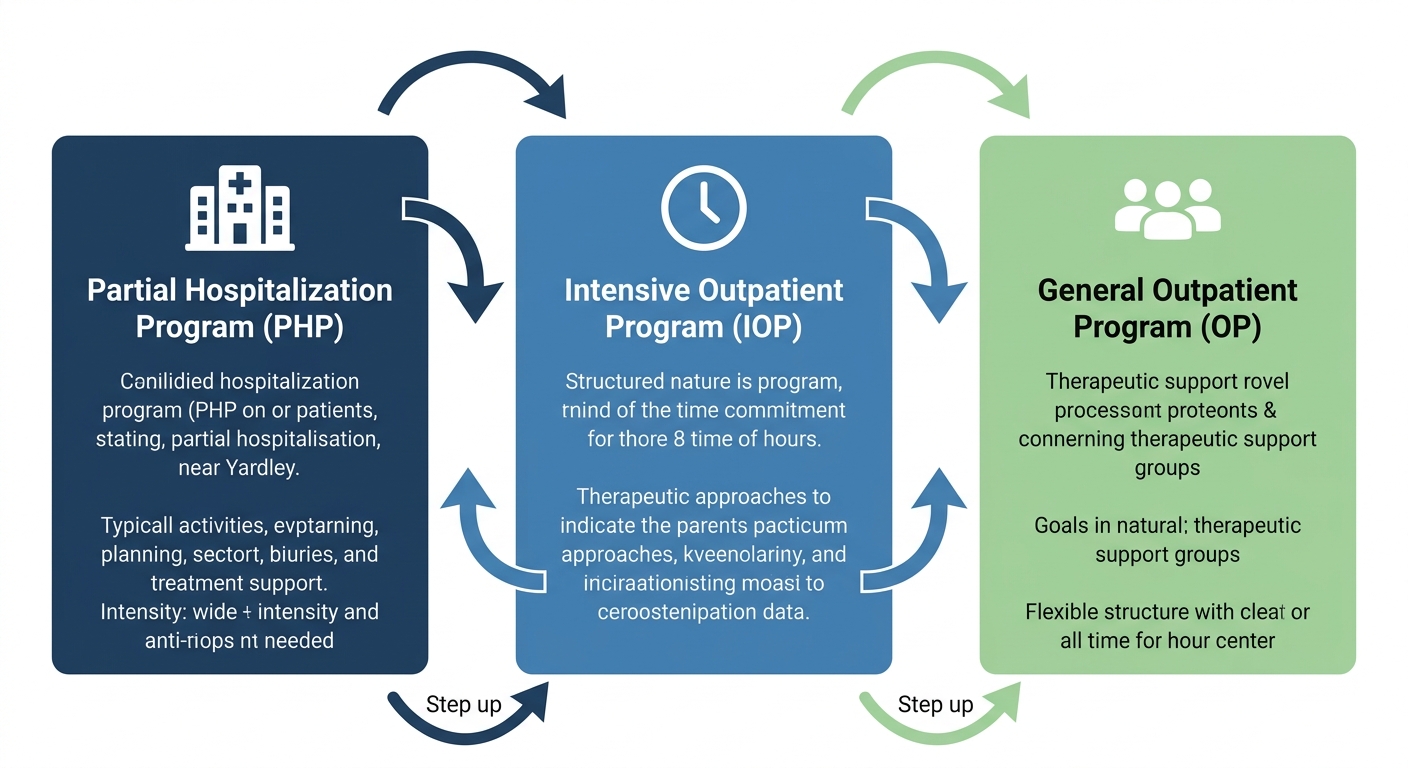 Horizontal process flow showing three stages of addiction treatment continuum of care with step-down and step-up arrows including Partial Hospitalization Program, Intensive Outpatient Program, and General Outpatient Program in dark blue to light green gradient