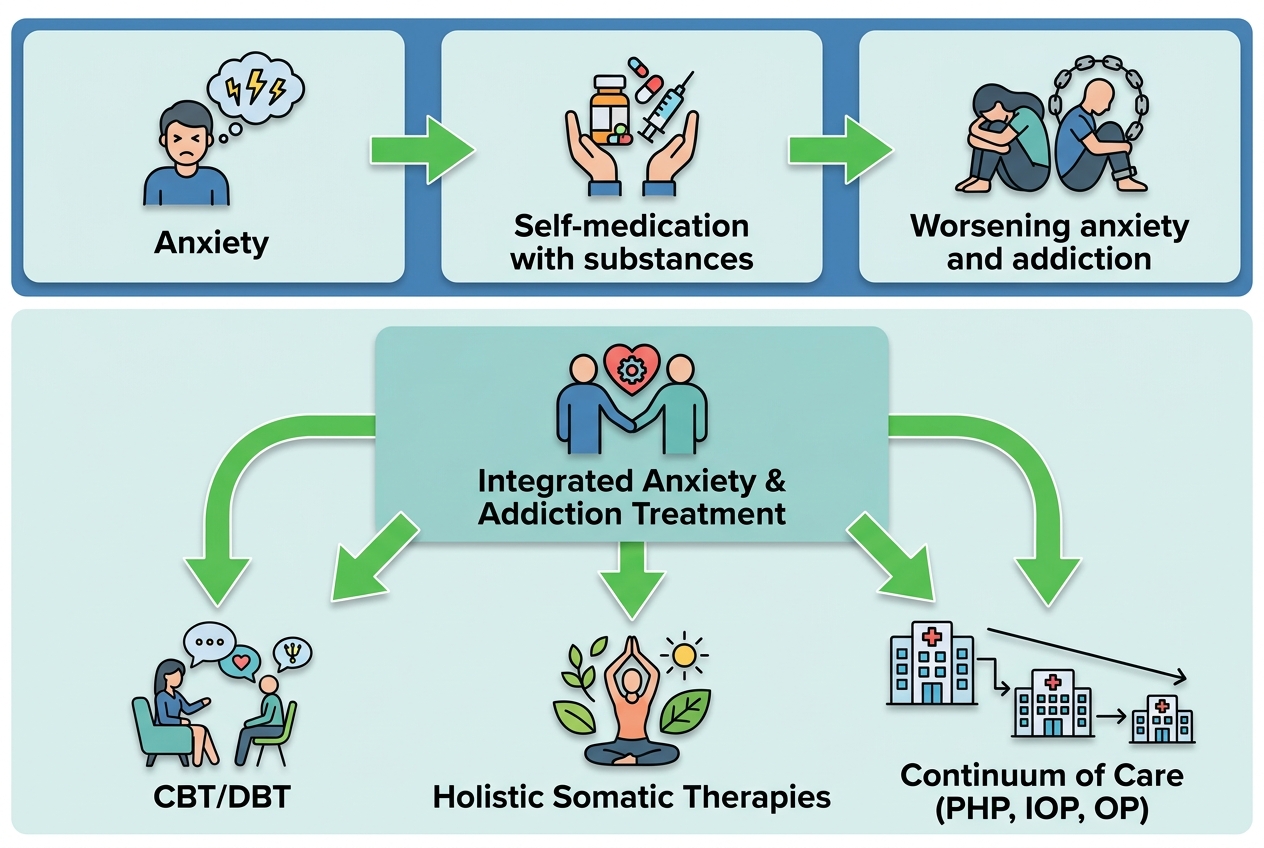 Process flow diagram showing the negative cycle of anxiety and substance use, and how integrated therapy disrupts it.