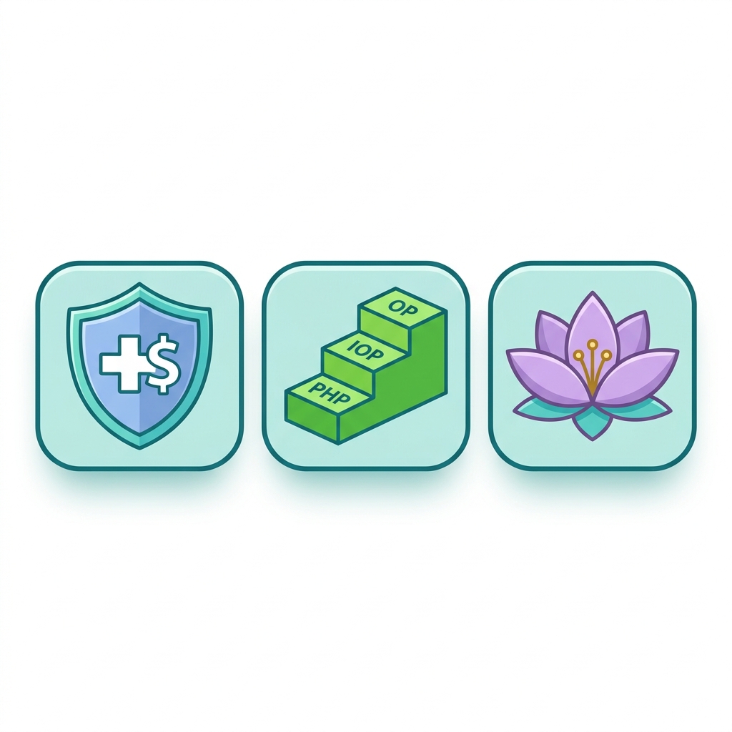 Icon set showing insurance coverage with a shield and dollar sign, continuum of care with layered steps, and holistic therapy with a lotus flower on a white background with teal accents.