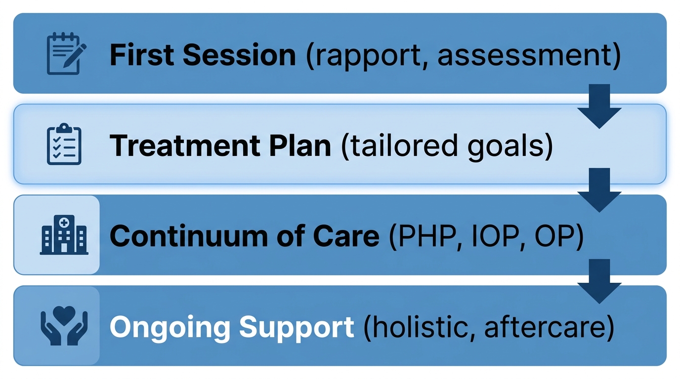 Vertical process flow of client journey through anxiety therapy at Rosewood Recovery, showing four stages with icons and labels