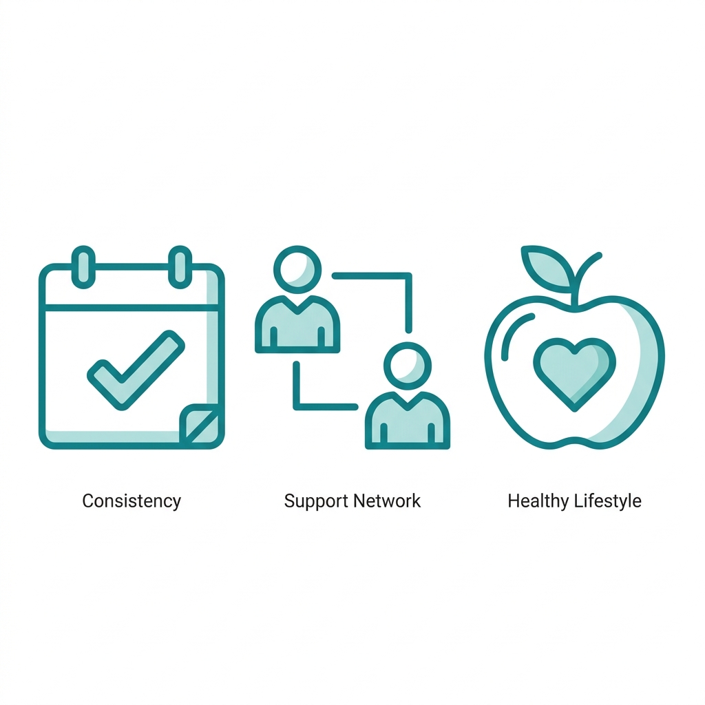 Three icons representing best practices for anxiety treatment success: a calendar with checkmark for consistency and engagement, two people connecting for building a support network, and an apple with a heart for healthy lifestyle integration, in teal outline style on white background.