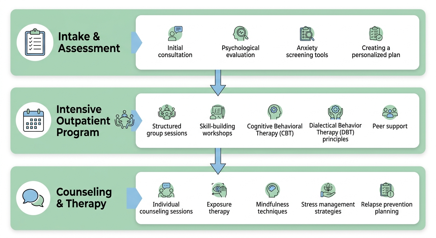 Vertical process flow showing anxiety treatment journey with three stages: intake and assessment, intensive outpatient program, and counseling and therapy.
