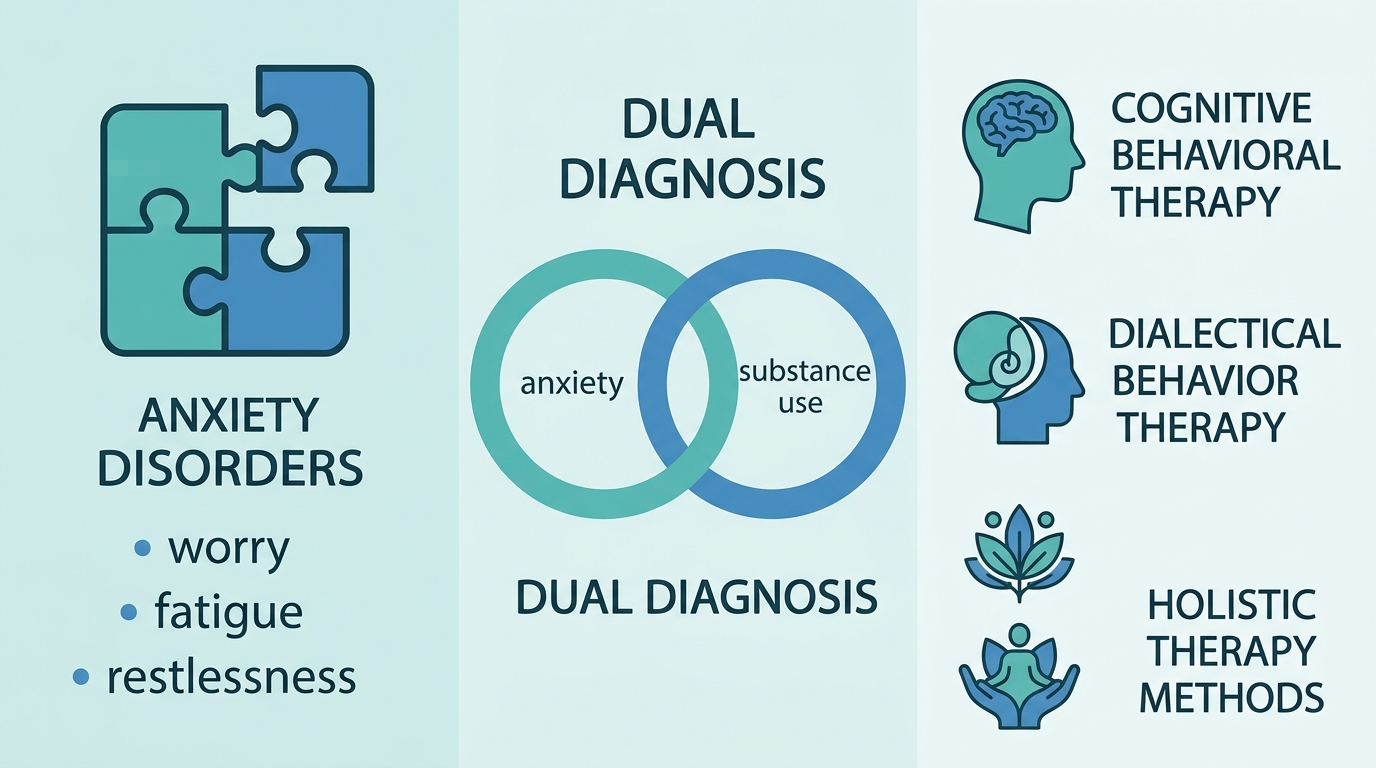 Horizontal infographic showing three columns: anxiety disorder symptoms, dual diagnosis care, and evidence-based therapies for addiction treatment in Morrisville, Pennsylvania