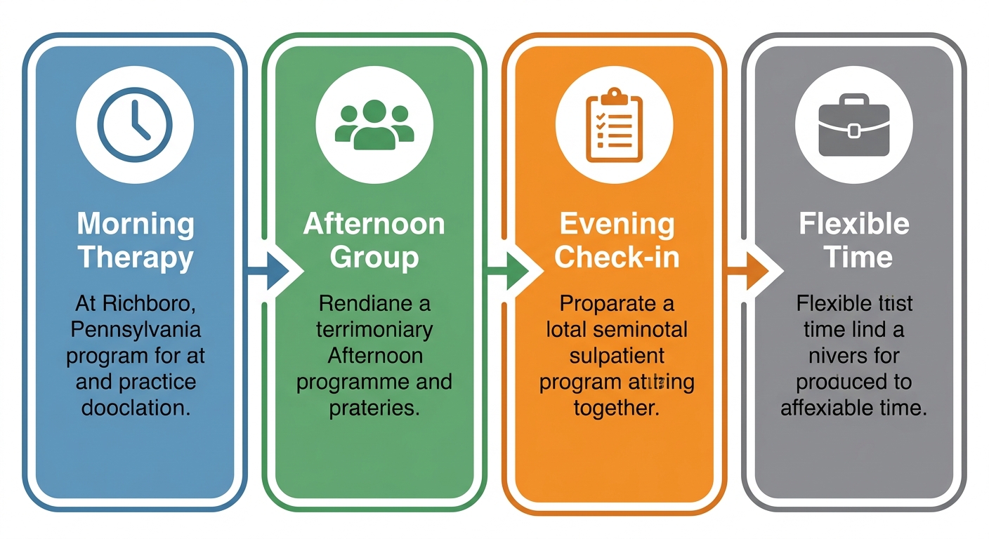 Process flow diagram of a typical day in an outpatient addiction treatment program in Richboro, Pennsylvania, with four connected steps