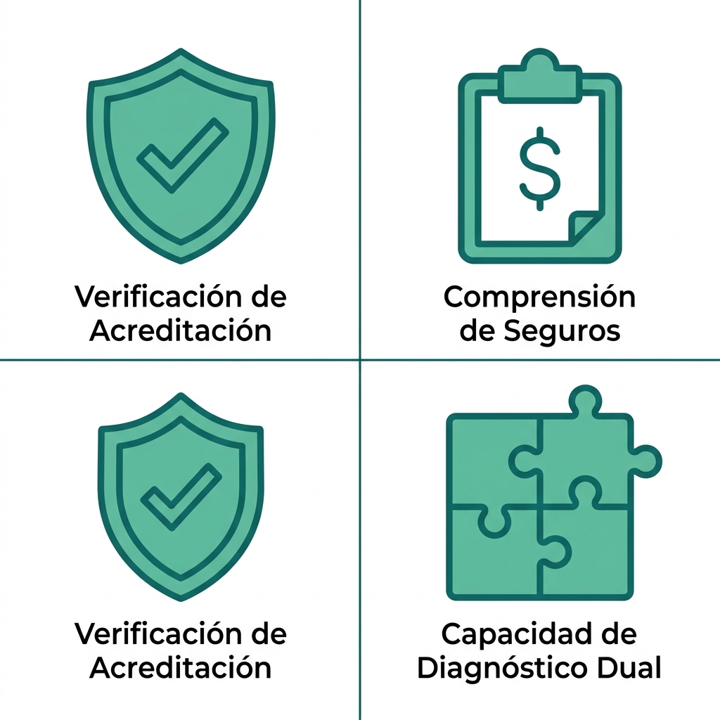 Icon set illustrating three best practices for selecting an alcohol rehab clinic: accreditation verification, insurance understanding, and dual diagnosis capabilities.