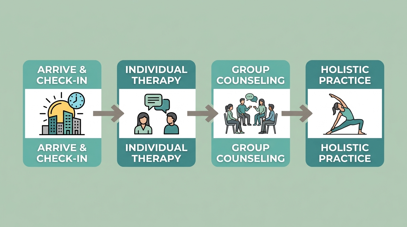 Flow chart showing four steps of a typical outpatient alcohol treatment day: arrival and check-in, individual therapy, group counseling, and holistic practice