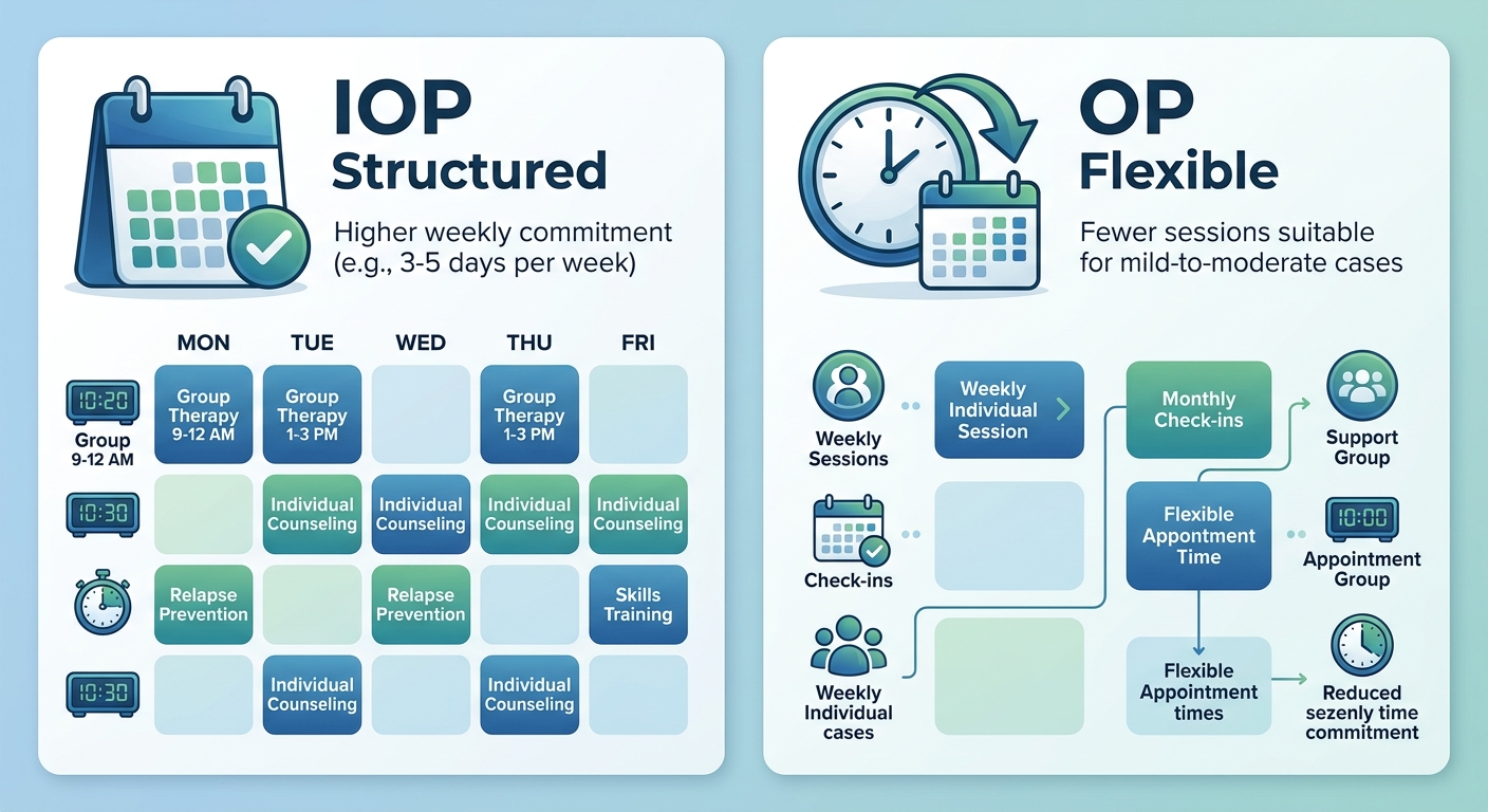 Rosewood Recovery outpatient alcohol treatment comparison infographic showing structured Intensive Outpatient Program and flexible General Outpatient Program options