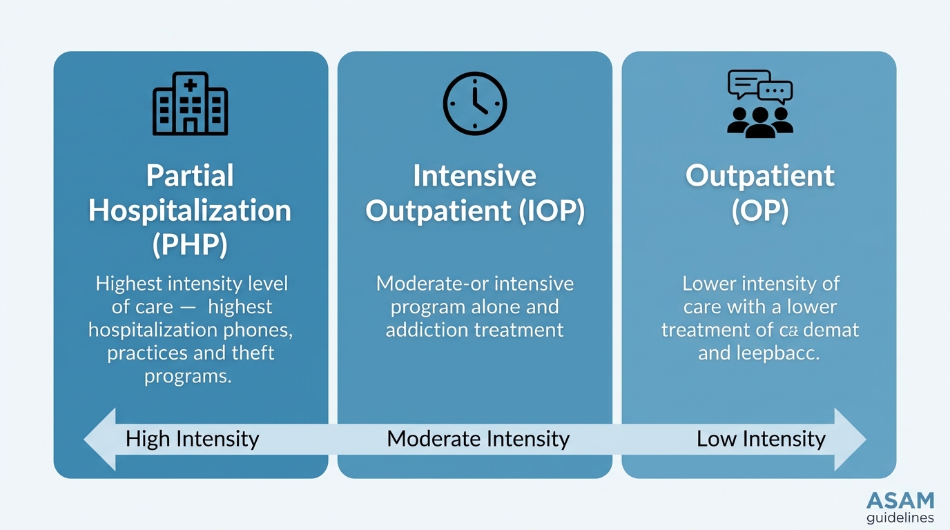 Infographic showing the continuum of addiction care with three columns for Partial Hospitalization, Intensive Outpatient, and Outpatient programs
